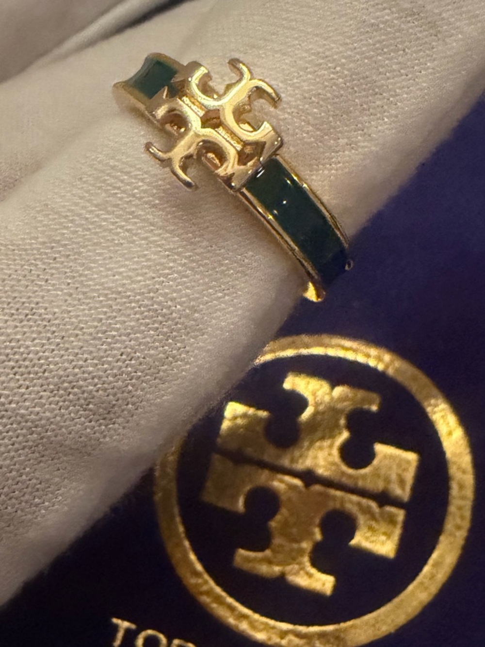 Tory Burch Gold-Tone Ring with Green Enamel Logo Band Sz. 8